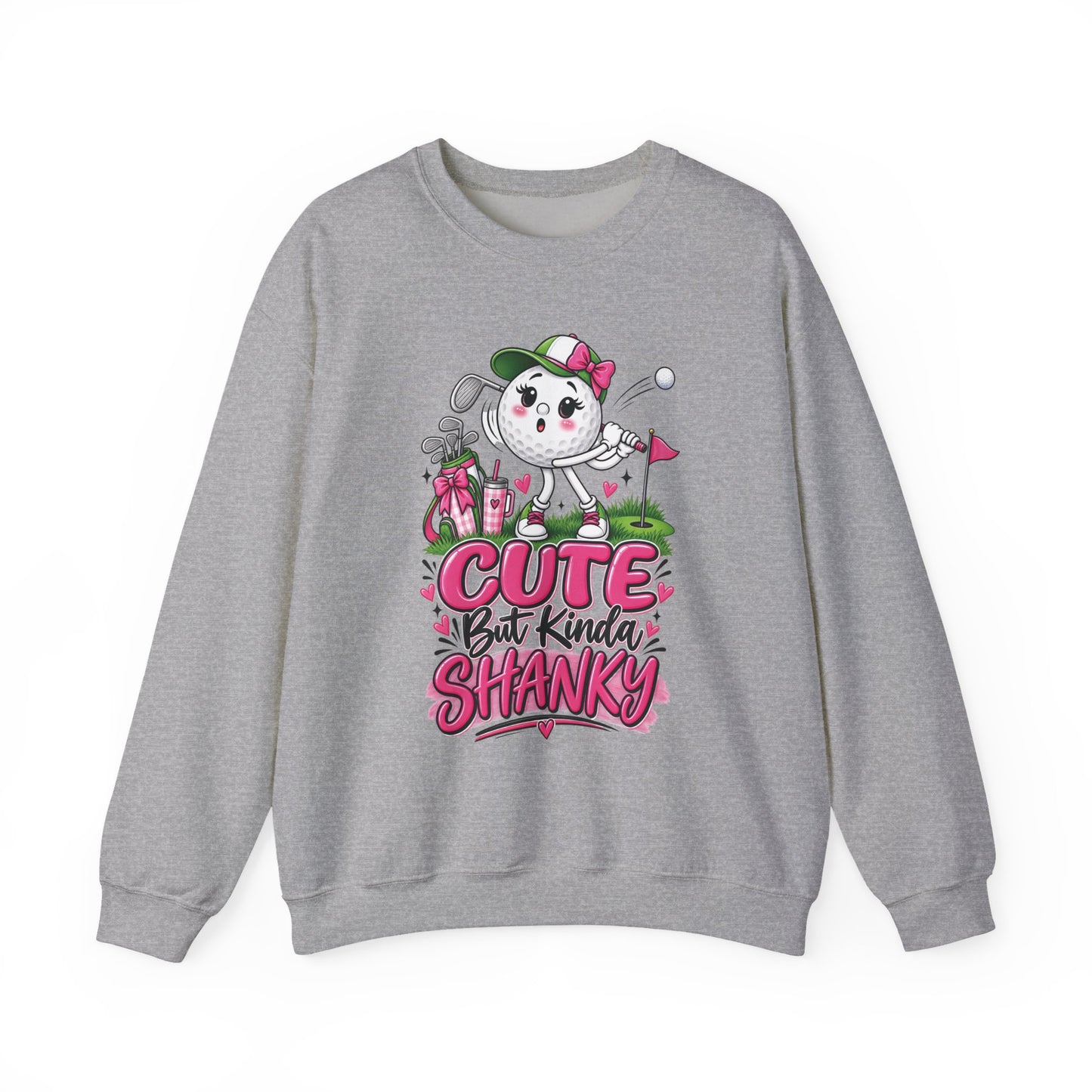 Dark gray ladies golf sweatshirt, cartoon golfer graphic with pink 'Cute But Kinda Shanky' text