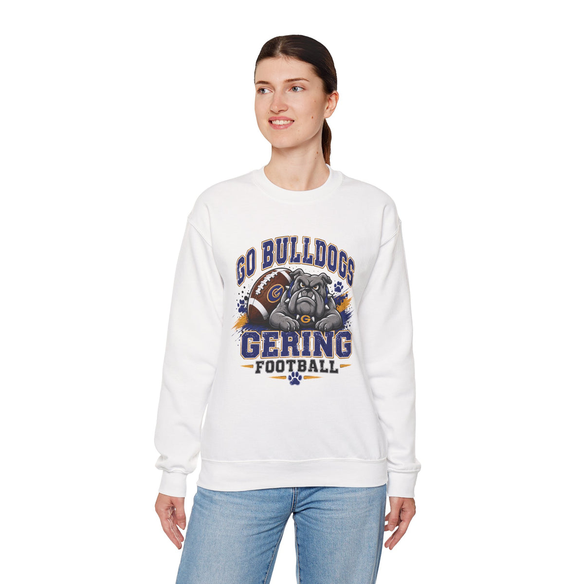 White crewneck sweatshirt worn by model, front shows Bulldogs Gering football graphic
