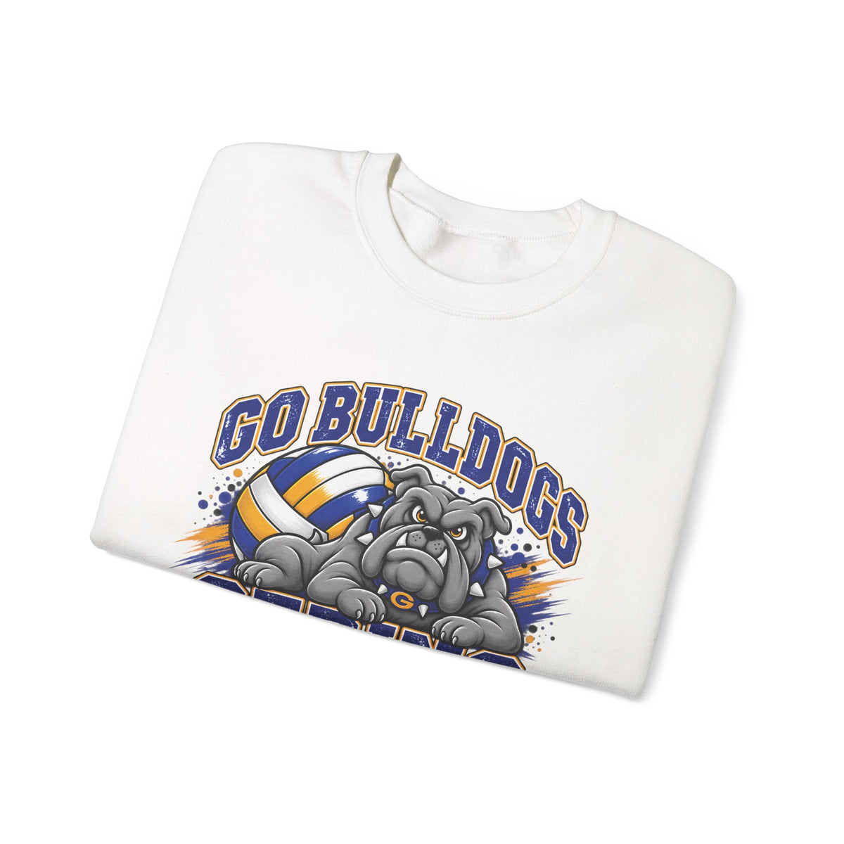 White crewneck sweatshirt, flat lay, with bulldog and volleyball team graphic on the front