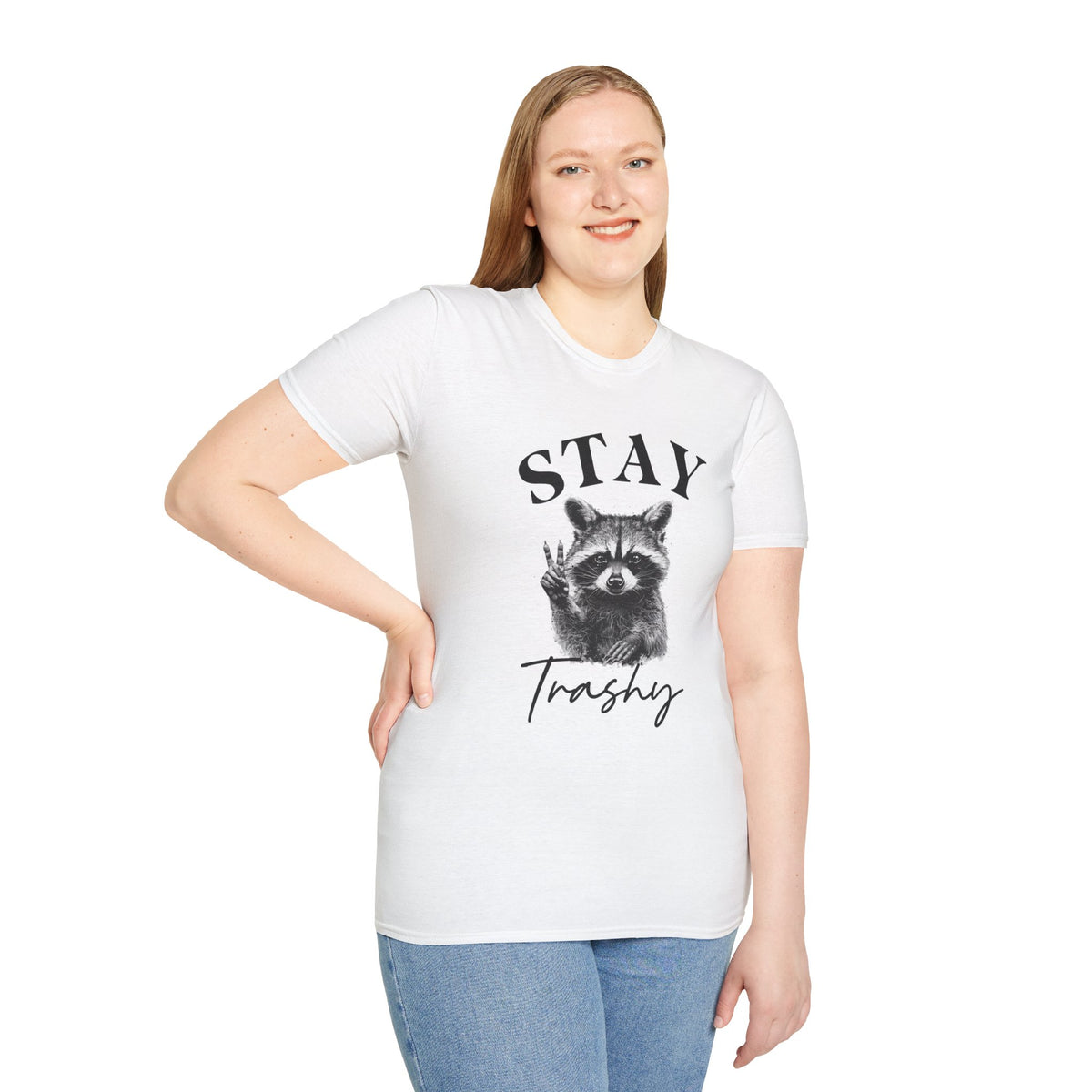 White raccoon graphic T-shirt on model with “STAY” and “Trashy” front print