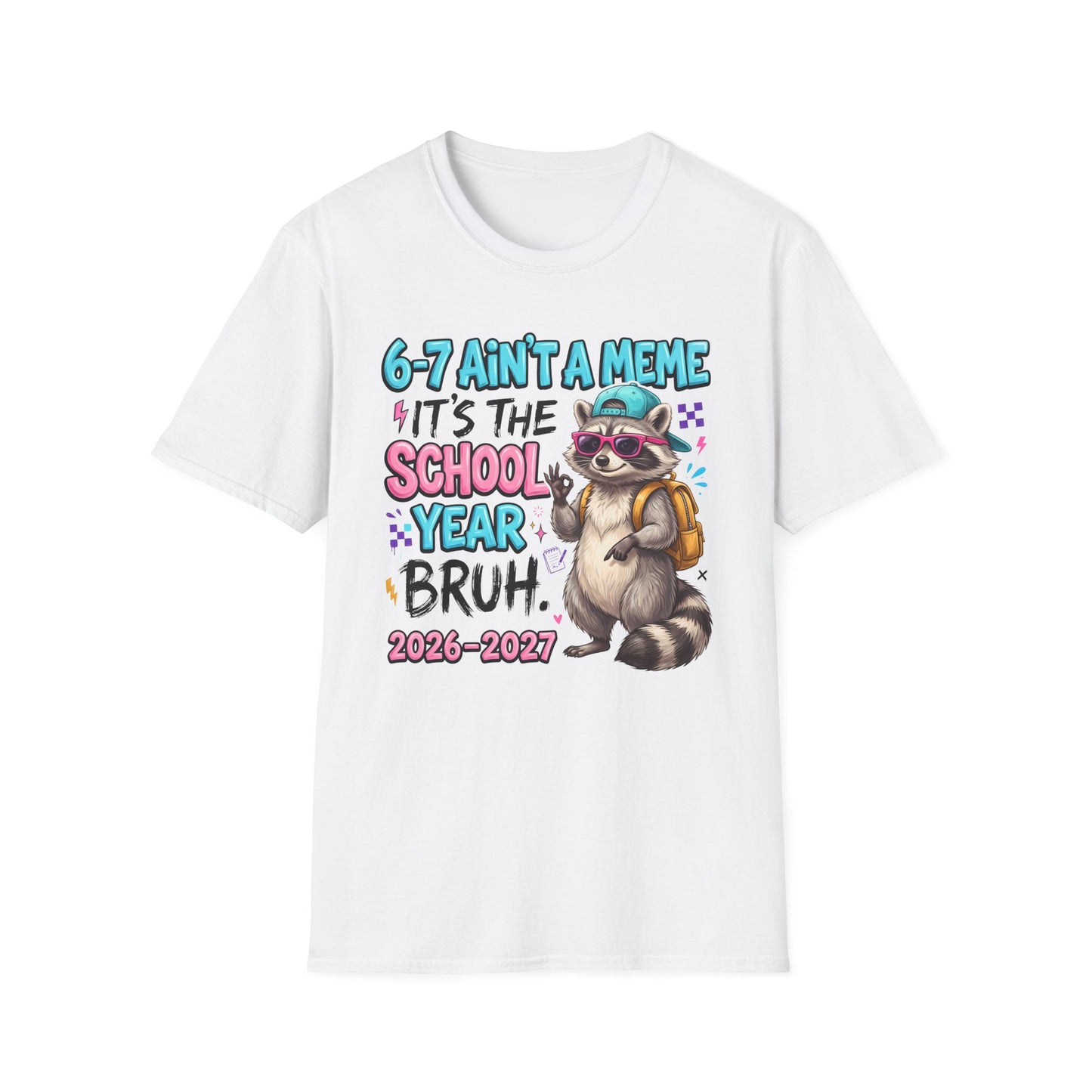 White raccoon back-to-school T-shirt, front view with backpack raccoon graphic
