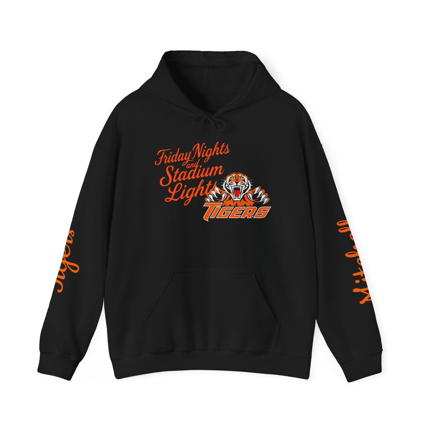 Black unisex hooded sweatshirt with front pocket and orange graphic on chest and sleeves