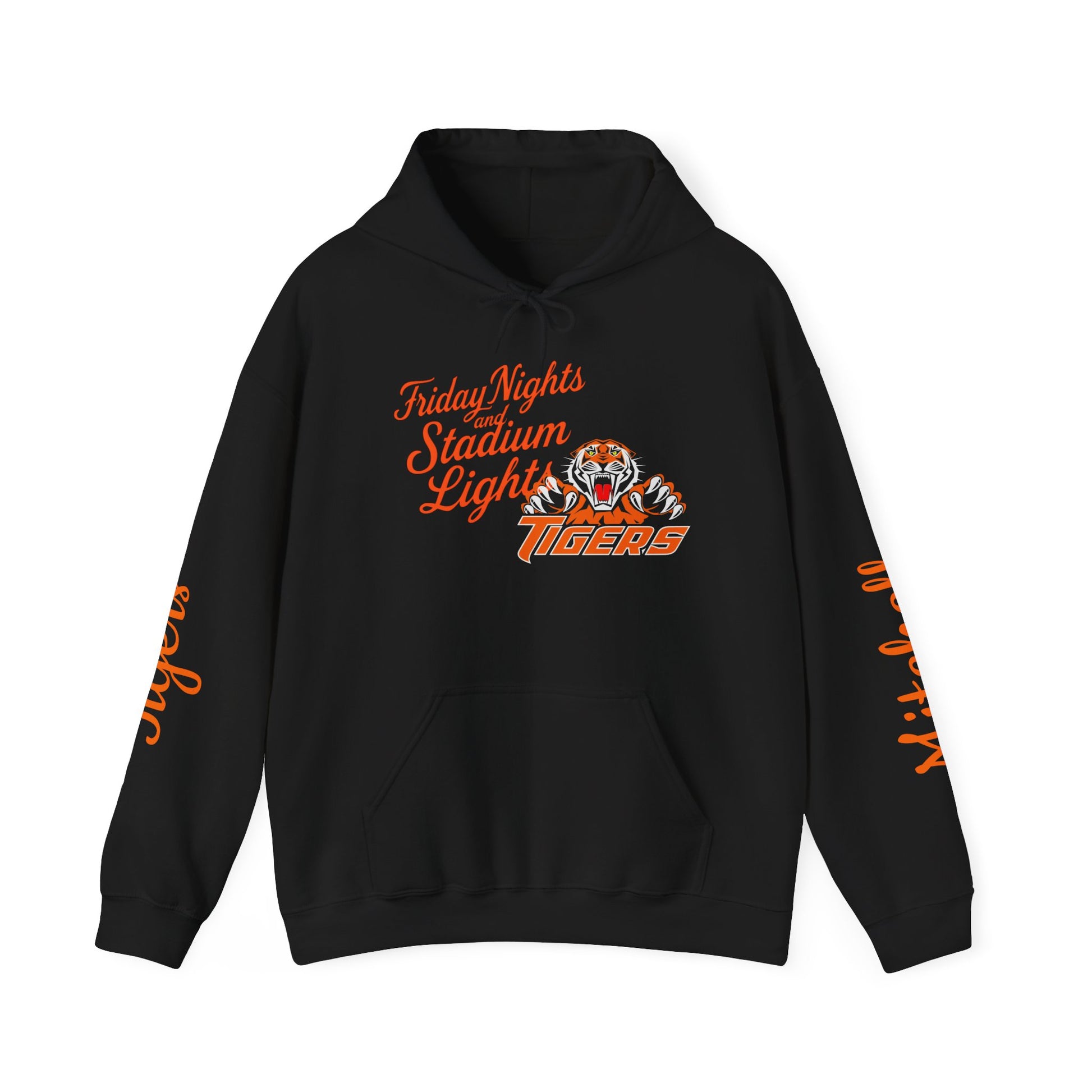 Black unisex hooded sweatshirt with front pocket and orange graphic on chest and sleeves