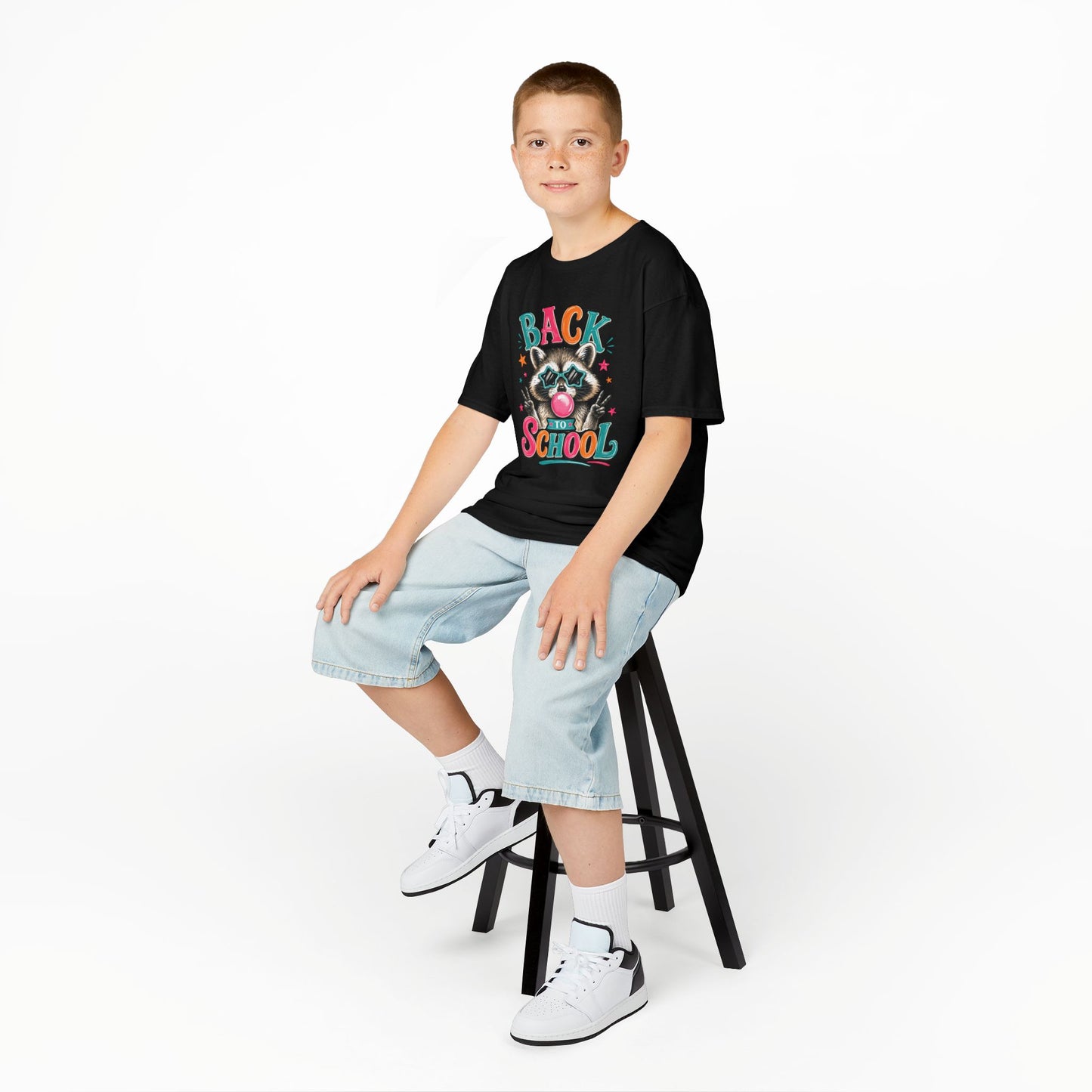 Kids black short-sleeve tee with colorful raccoon Back to School graphic