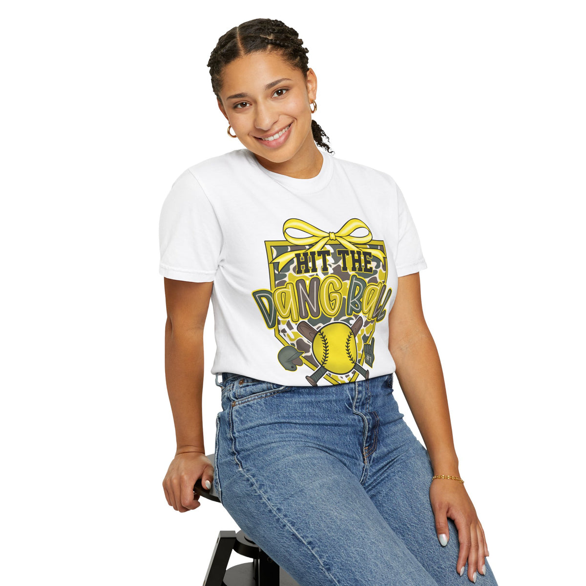 White crewneck softball graphic tee with yellow “Hit The Dang Ball” design