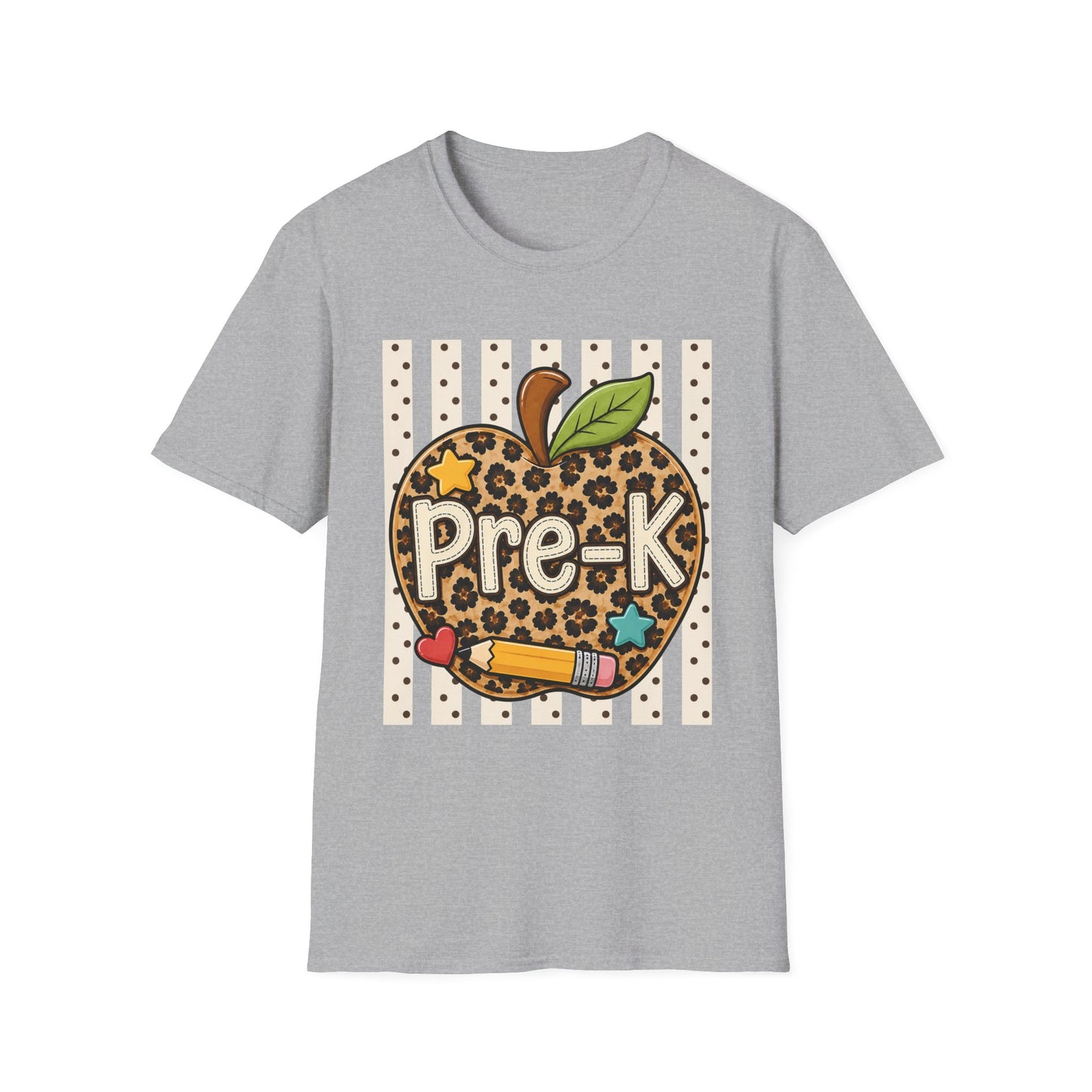Gray preschool T-shirt with leopard-print apple “Pre-K” front graphic