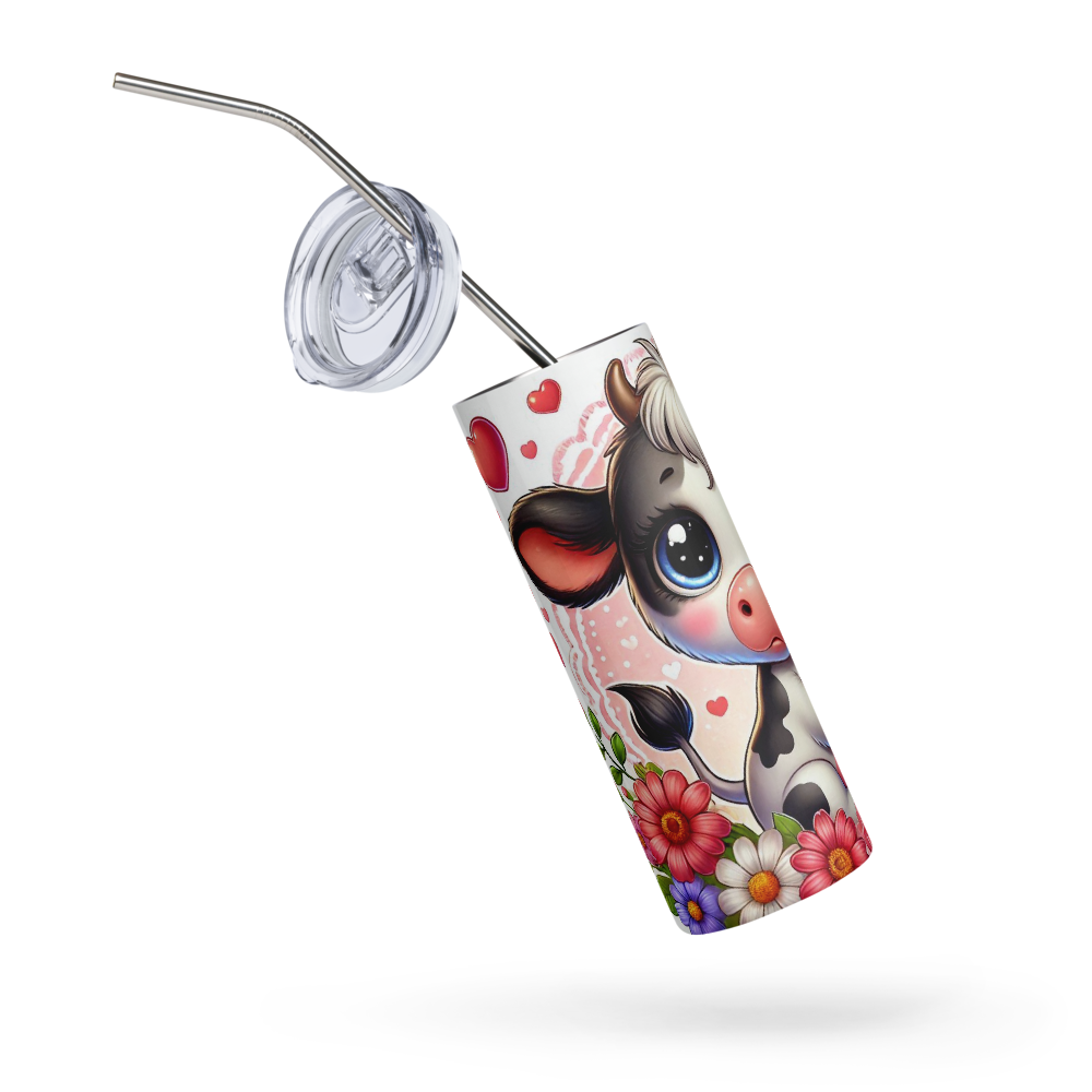 Insulated tumbler with straw, tilted view of calf and floral hearts graphic