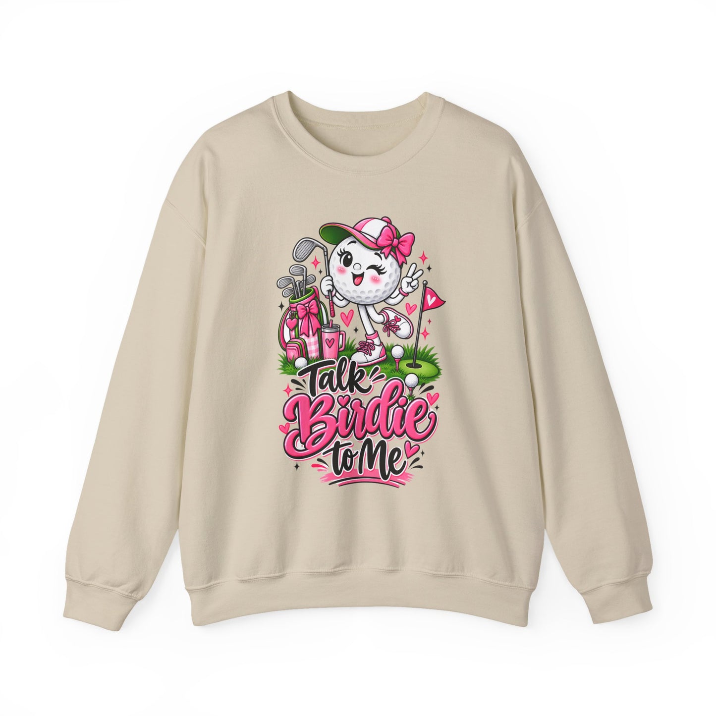 Light beige crewneck sweatshirt with cute golf cat graphic and pink floral hearts design