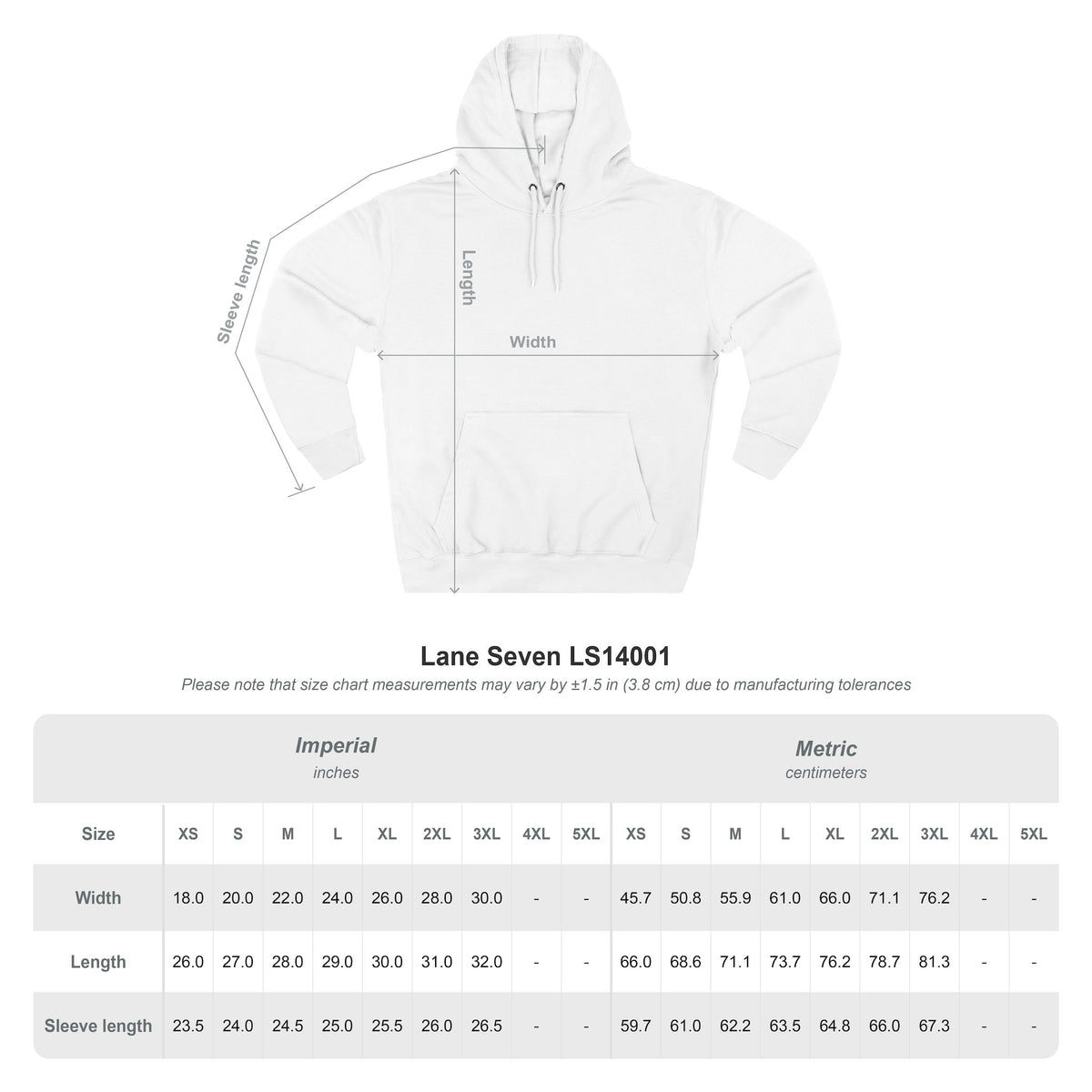 White fleece hoodie with drawstring hood and front pocket; “Cozy Season” graphic with size chart
