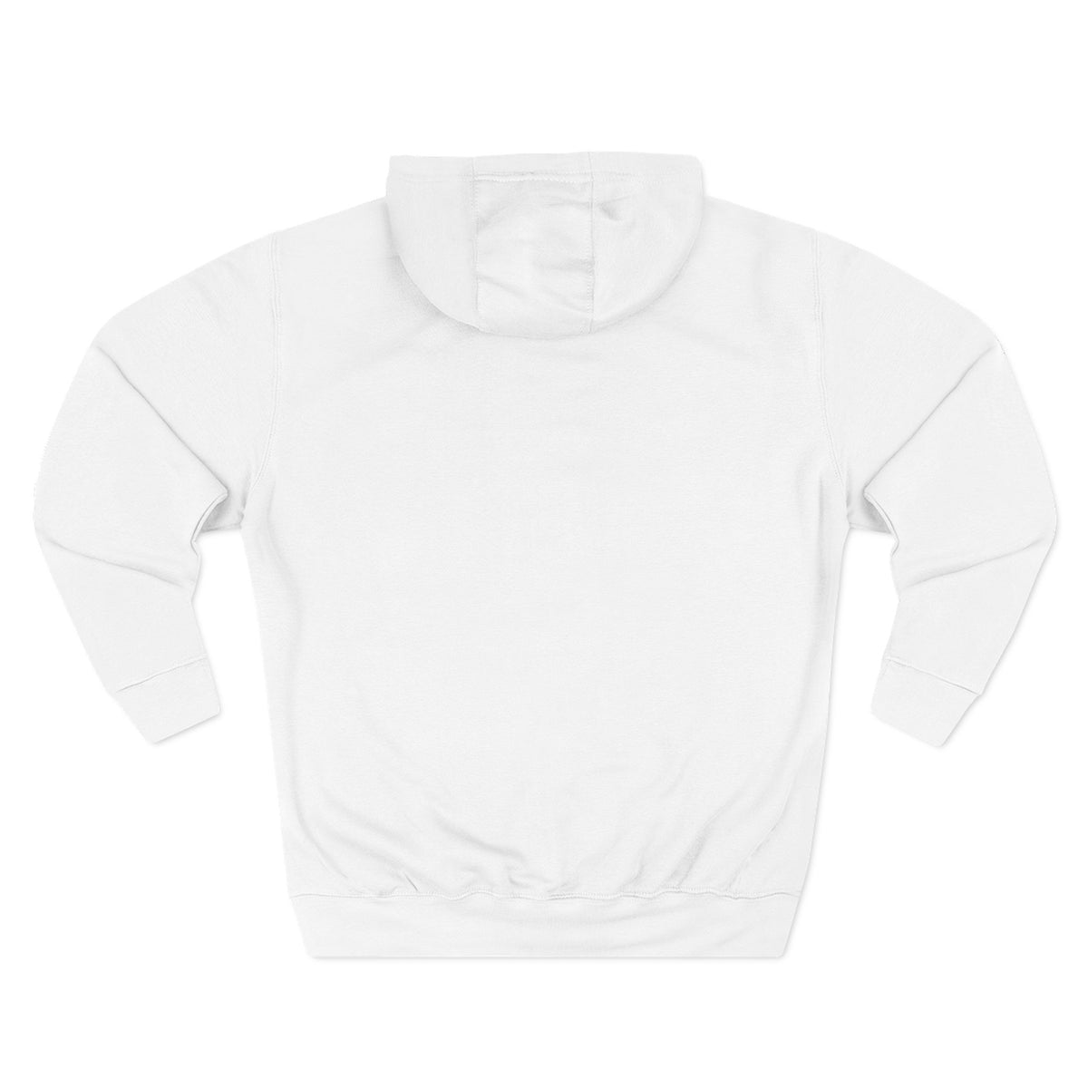 White fleece pullover hoodie, back view with hood and drawstring
