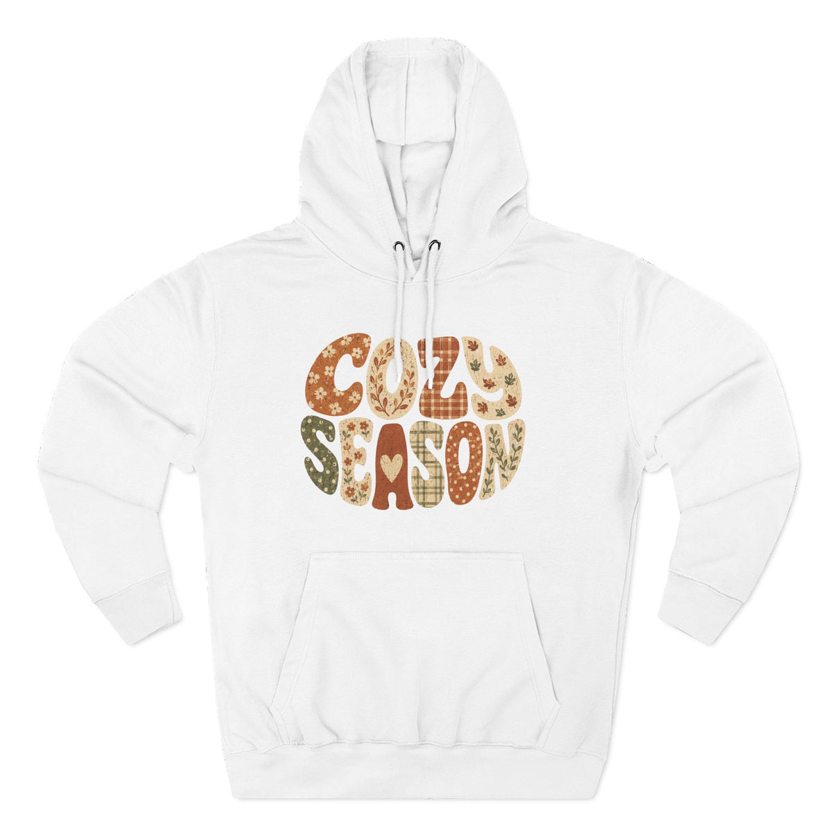 White fleece pullover hoodie with “COZY SEASON” leopard-style graphic on front
