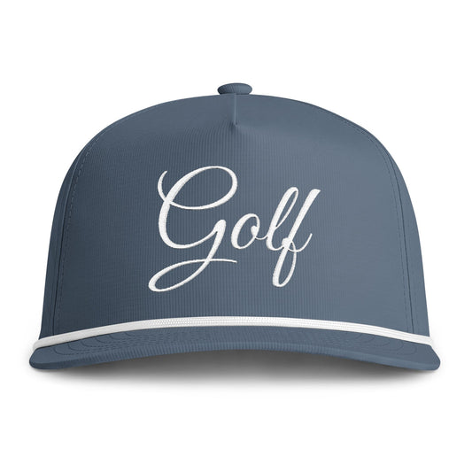 Blue trucker cap with embroidered 'Golf' script and white contrast trim
