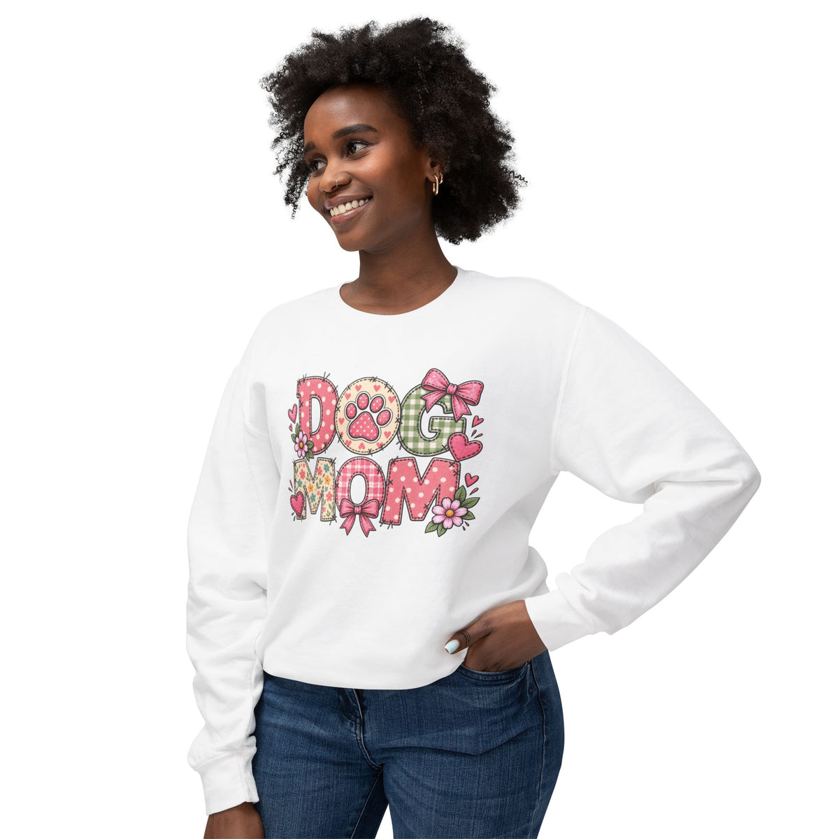White crewneck sweatshirt with floral paw “Dog Mom” graphic, front view