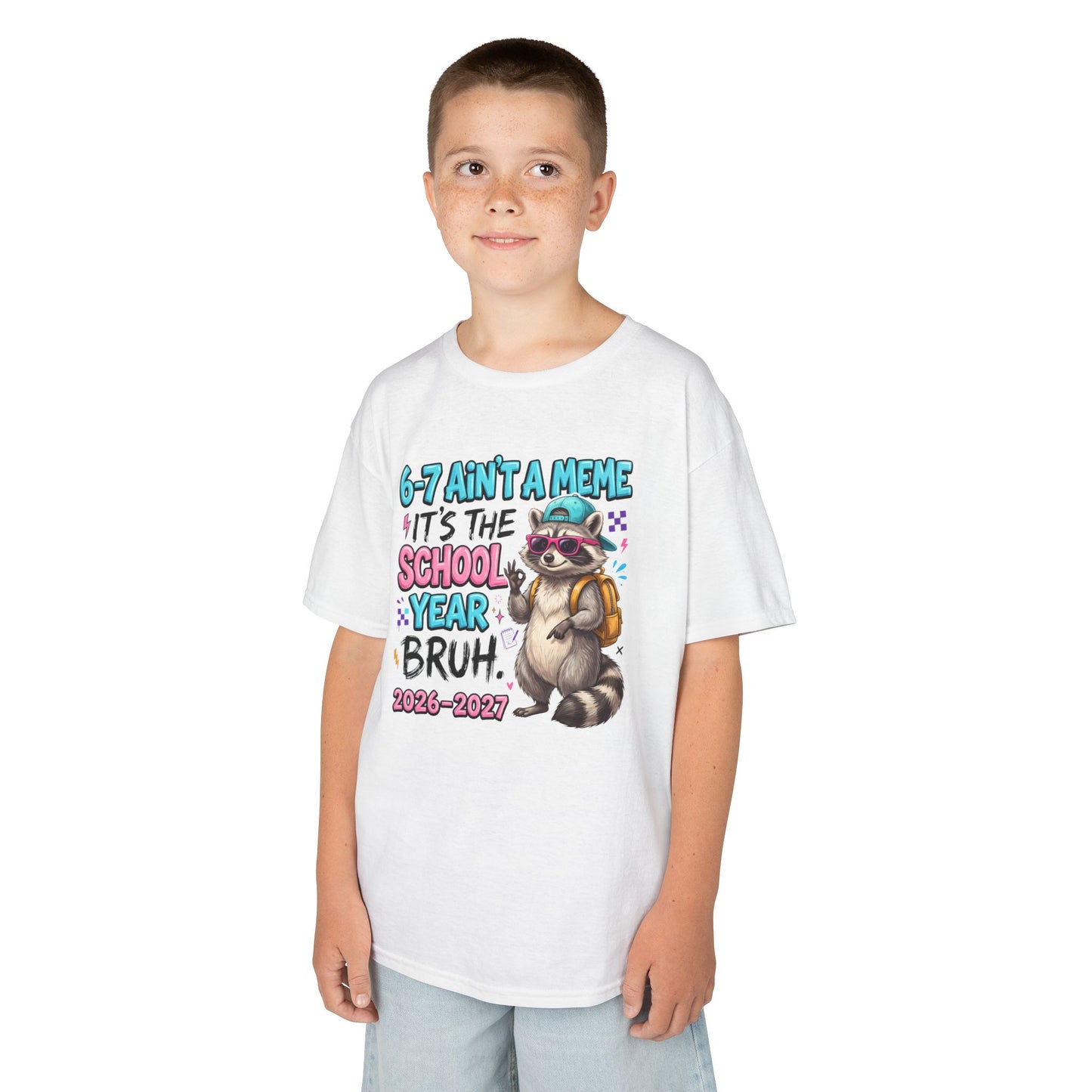 White kids graphic T-shirt with raccoon backpack meme print, worn by child
