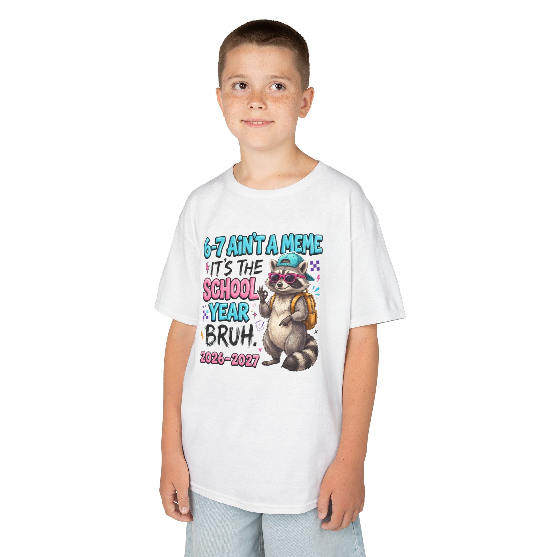White kids graphic T-shirt with raccoon backpack meme print, worn by child