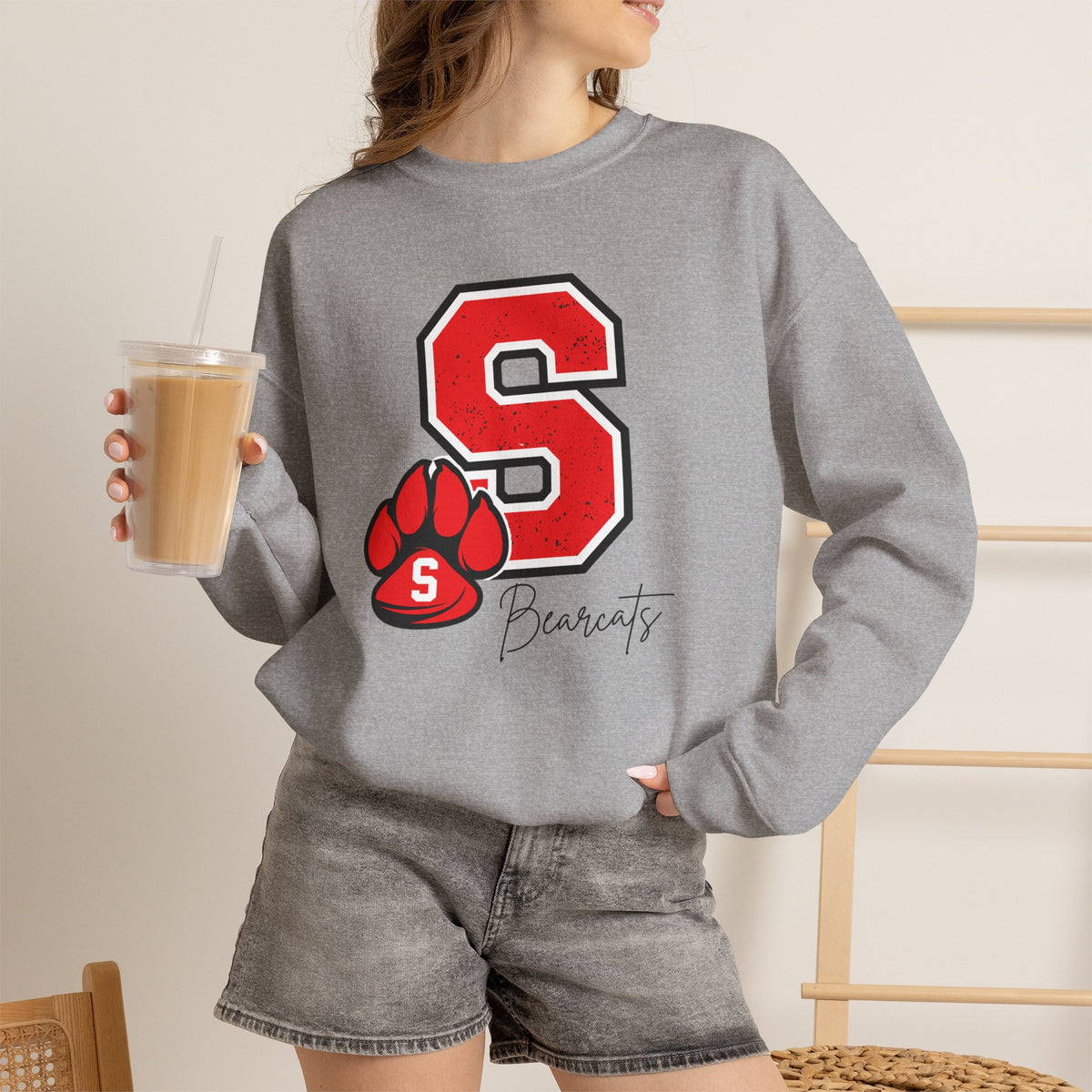 Sport grey crewneck sweatshirt with red S paw graphic and script logo