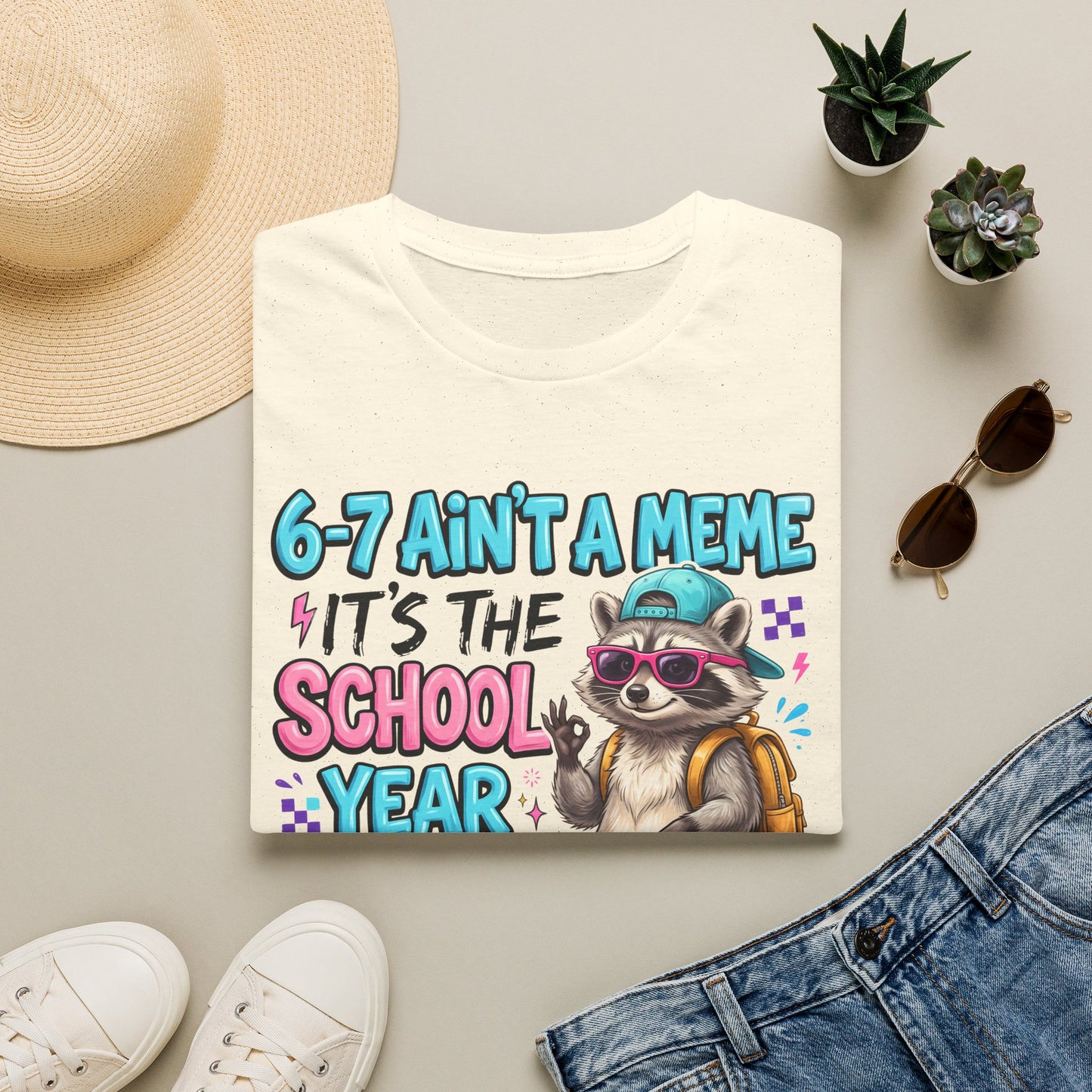 White raccoon back-to-school T-shirt with backpack raccoon front graphic