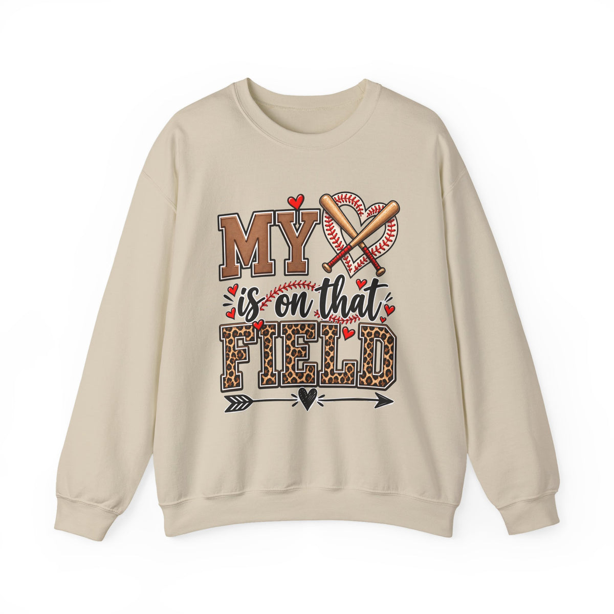 Sand crewneck sweatshirt with baseball heart and crossed bats front graphic