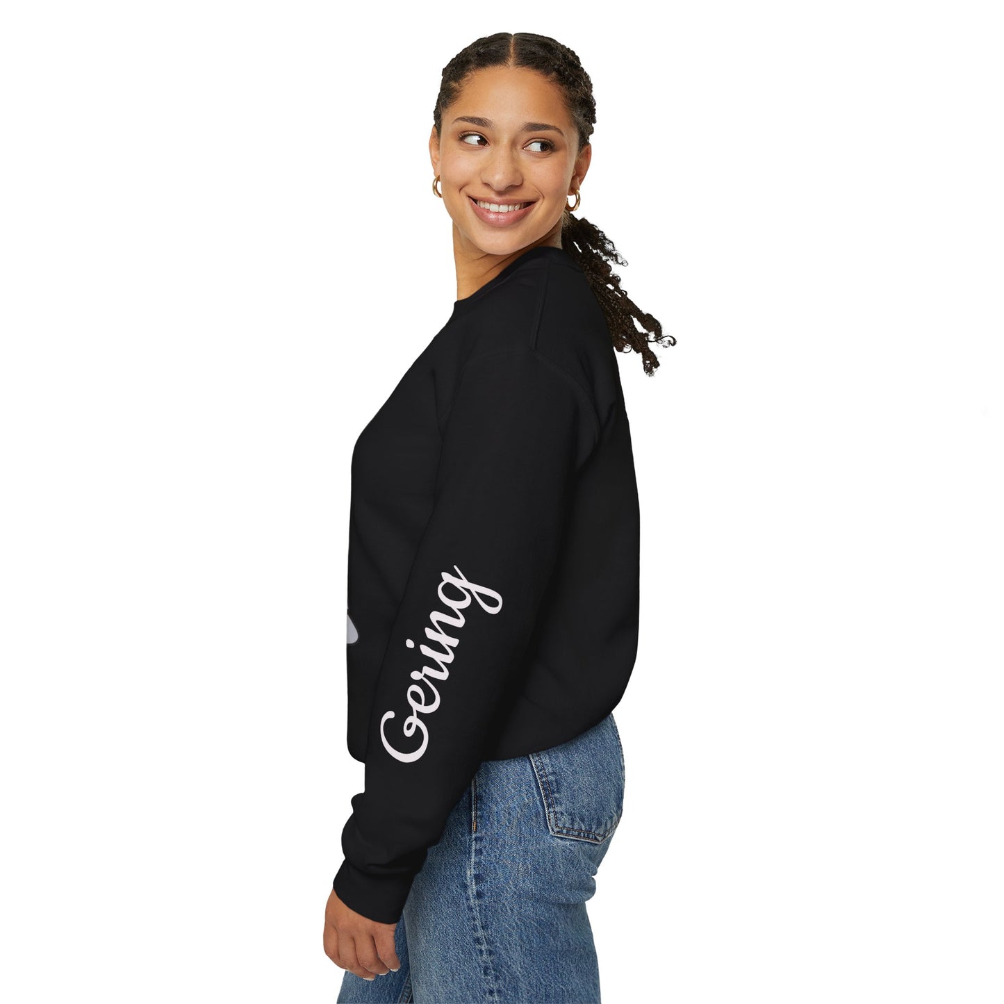 Black crewneck sweatshirt, side view, with white “Gering” text on the sleeve