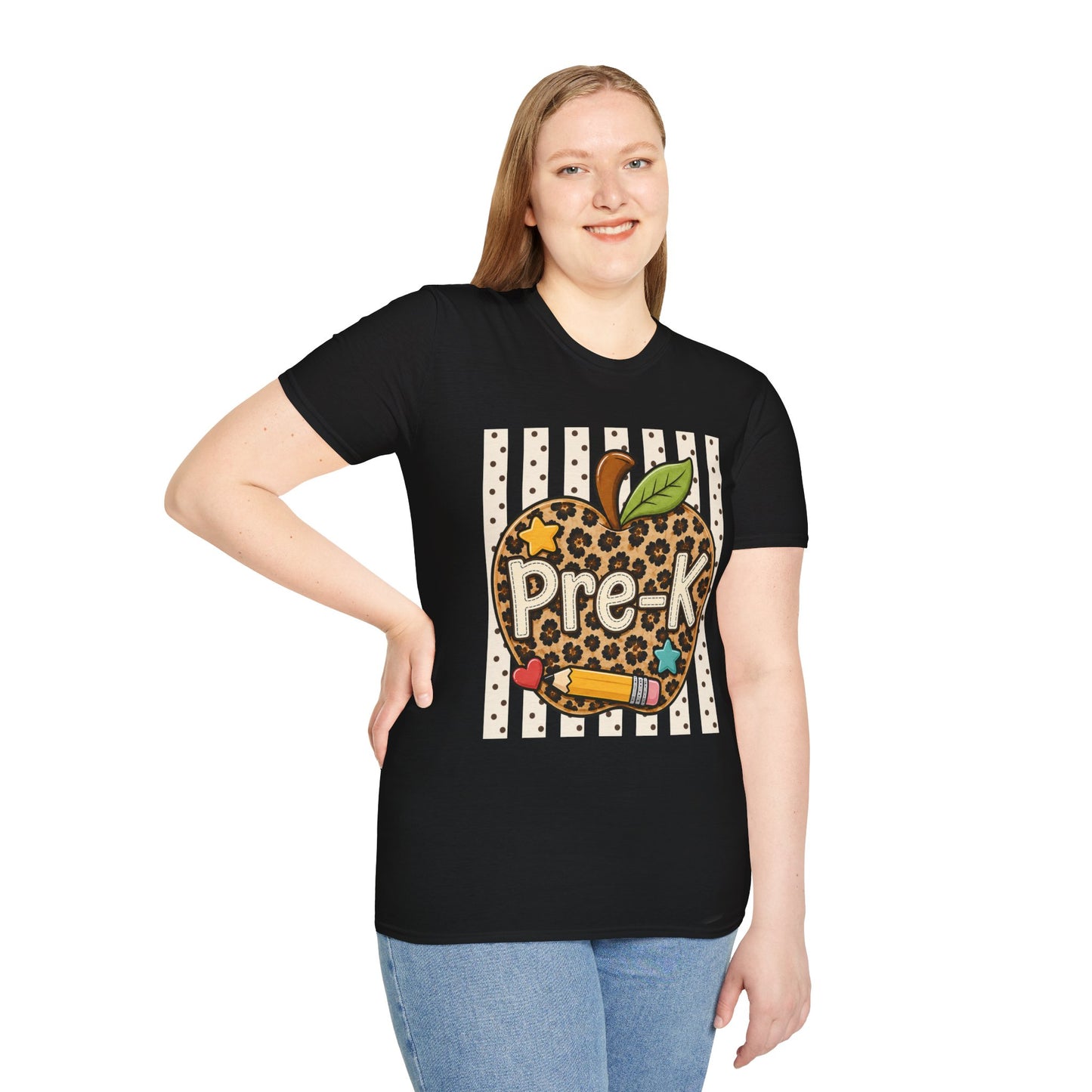 Black preschool T-shirt with leopard apple Pre-K graphic front