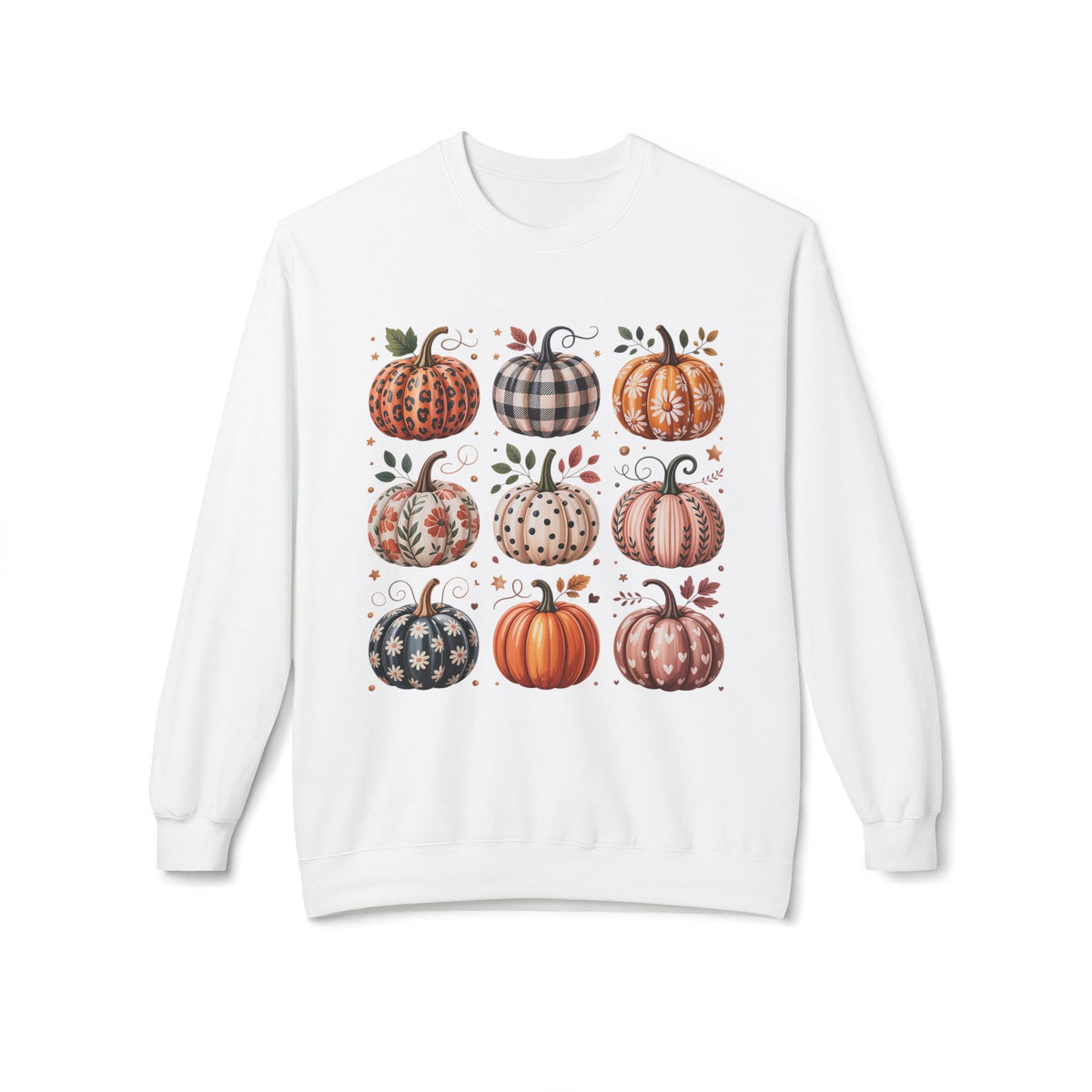 White crewneck sweatshirt with patchwork pumpkin graphic on the front