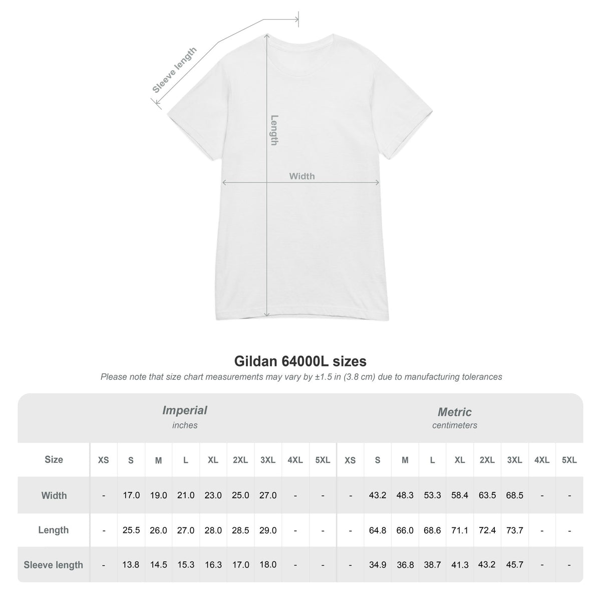 White tee size chart with width and length measurements; Gildan 64000L