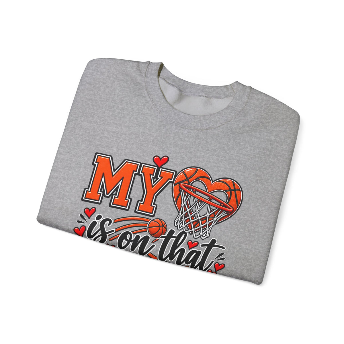 Sport grey crewneck sweatshirt with basketball hoop and heart graphic