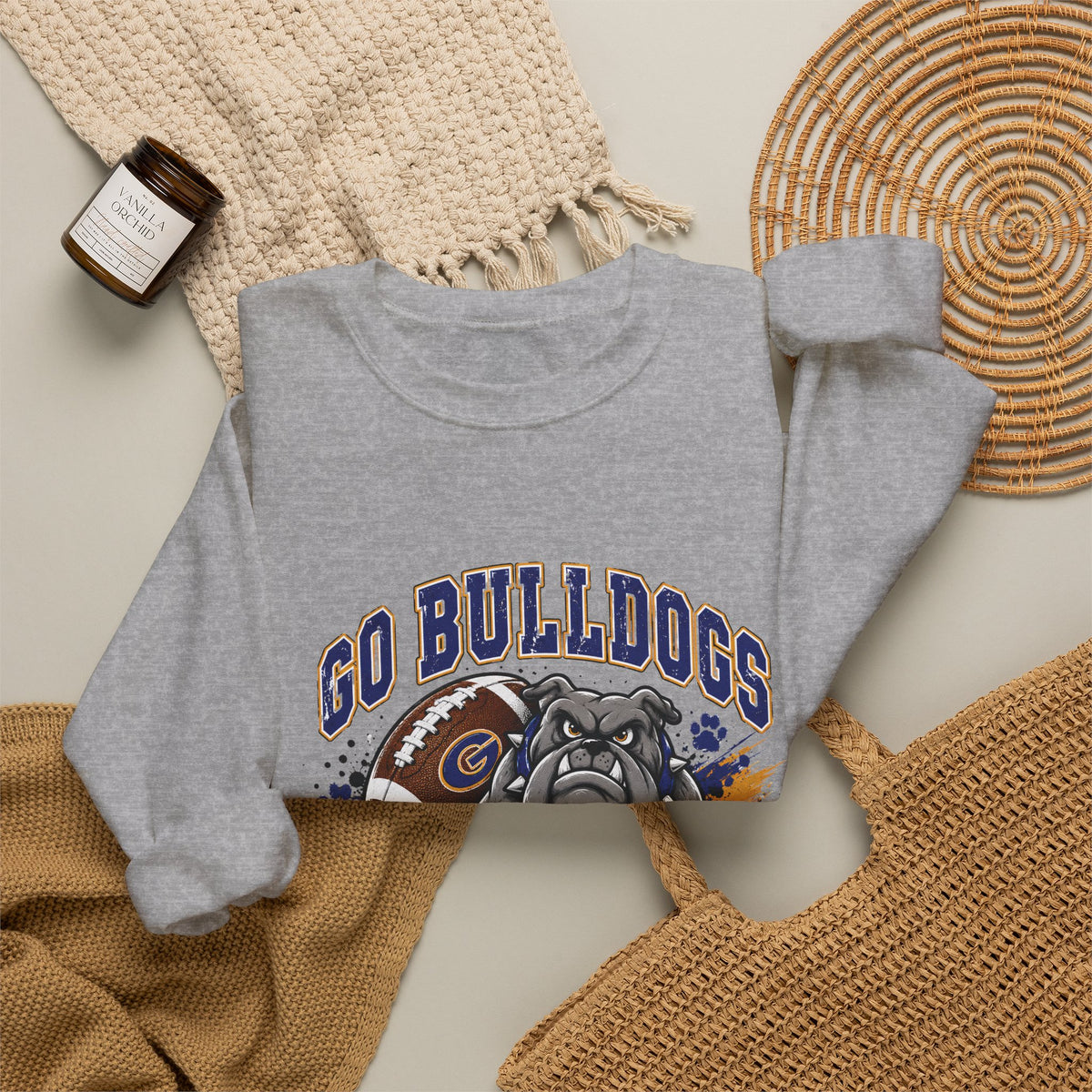 Sport grey crewneck sweatshirt folded view, front Bulldogs Gering football graphic