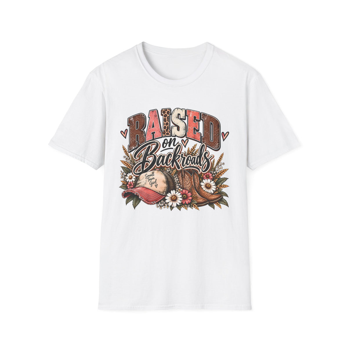 White crewneck T-shirt with country truck and daisy graphic