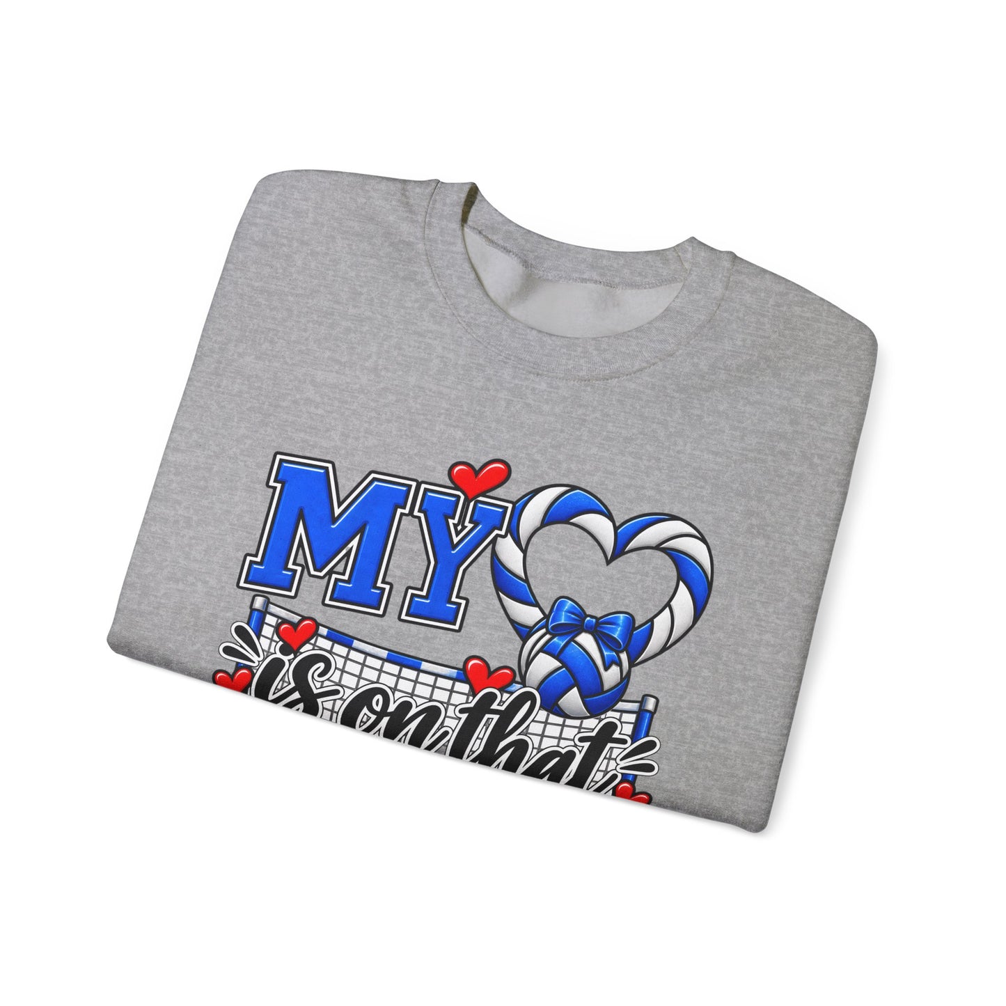 Sport grey crewneck sweatshirt, folded view with blue volleyball heart front print