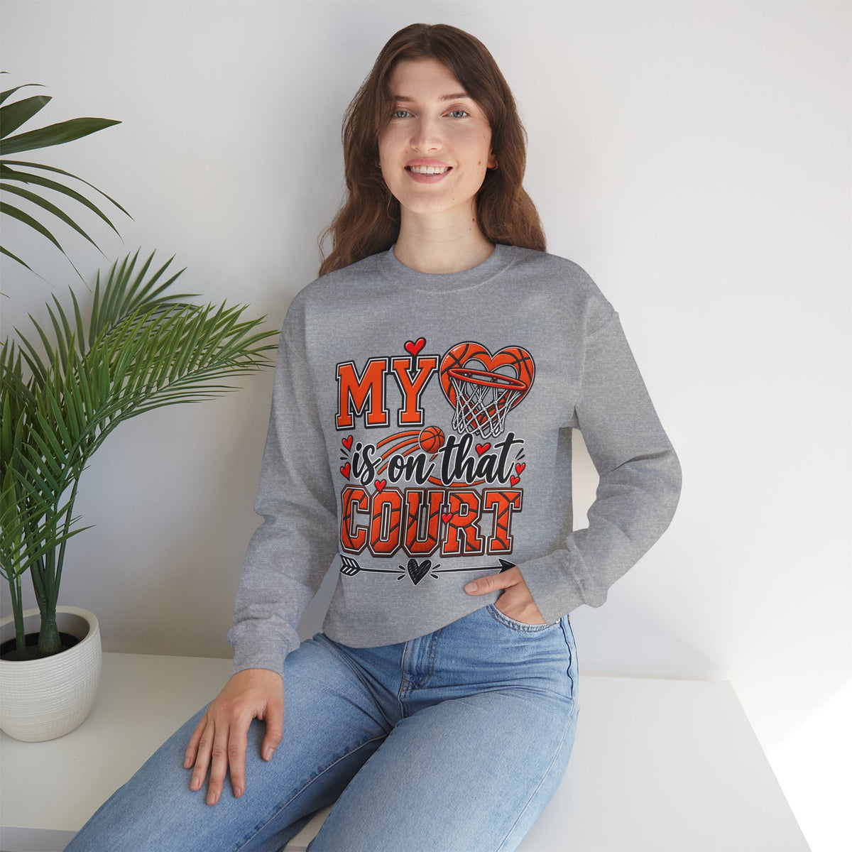 Sport grey sweatshirt with basketball hoop and heart graphic, crewneck style