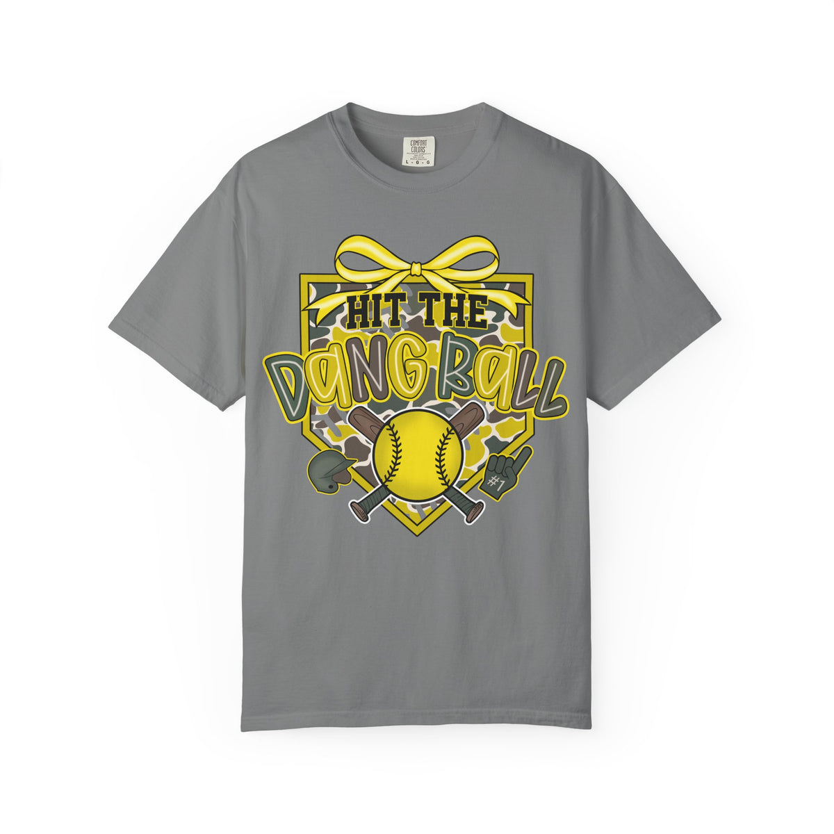 Gray softball graphic tee with yellow bow, baseball, and 'Hit the Dang Ball' print