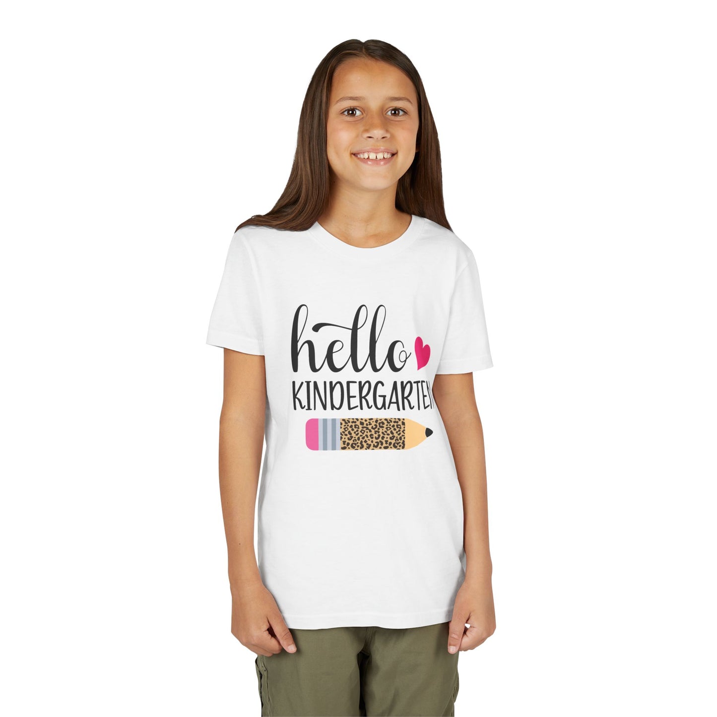 White youth T-shirt on child model with 'Hello Kindergarten' pink heart pencil graphic