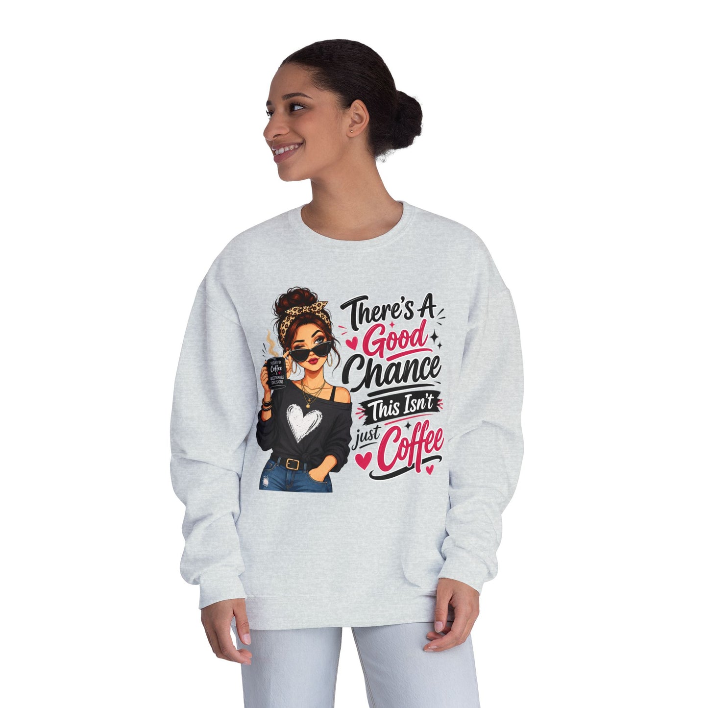 Light gray crewneck sweatshirt with woman holding coffee graphic and slogan, worn