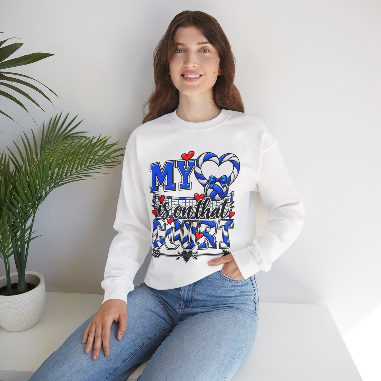 White volleyball graphic sweatshirt worn, blue heart “My…court” front print