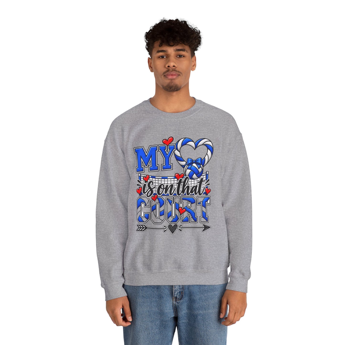 Sport grey crewneck sweatshirt with large blue “court” volleyball graphic and hearts