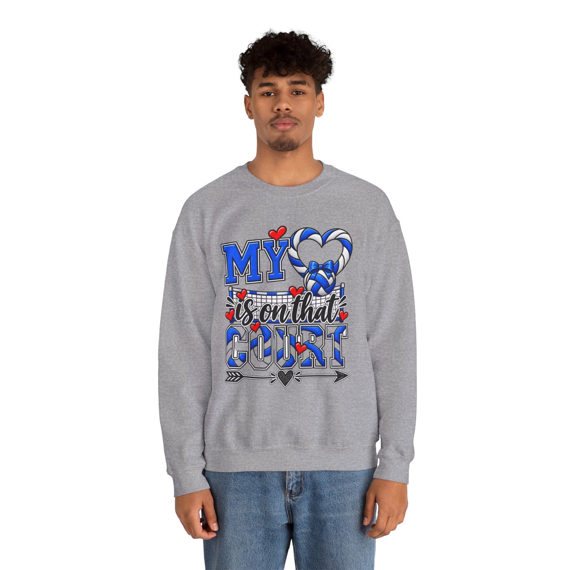 Sport grey crewneck sweatshirt with large blue “court” volleyball graphic and hearts