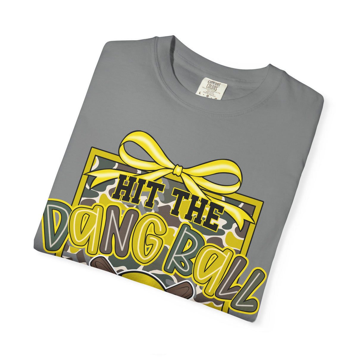 Gray crewneck softball graphic tee with large yellow bow “Hit The Dang Ball” design