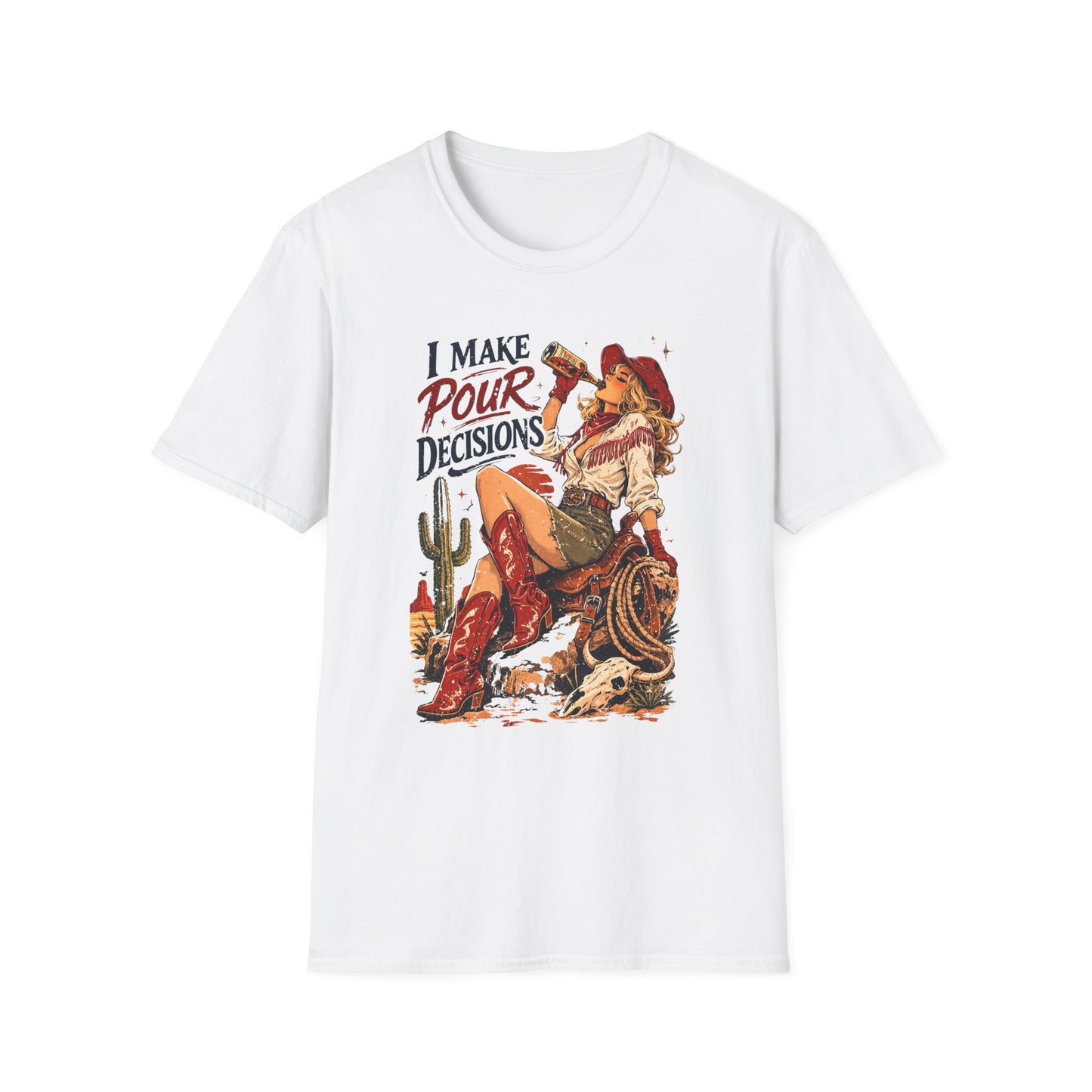 White cowgirl T-shirt with “I Make Pour Decisions” retro western drinking graphic