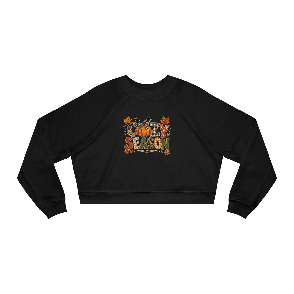 Cropped black sweatshirt with fall 'Season' pumpkin and leaf graphic