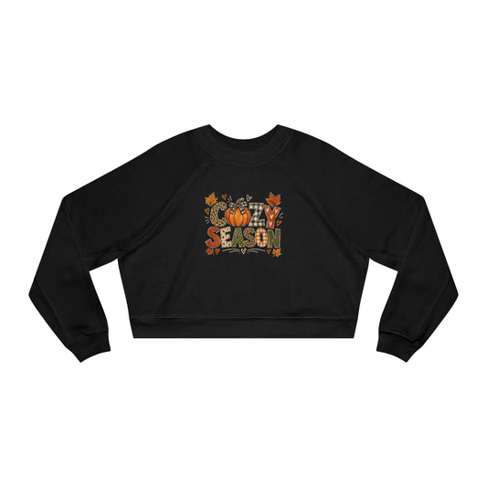 Cropped black sweatshirt with fall 'Season' pumpkin and leaf graphic