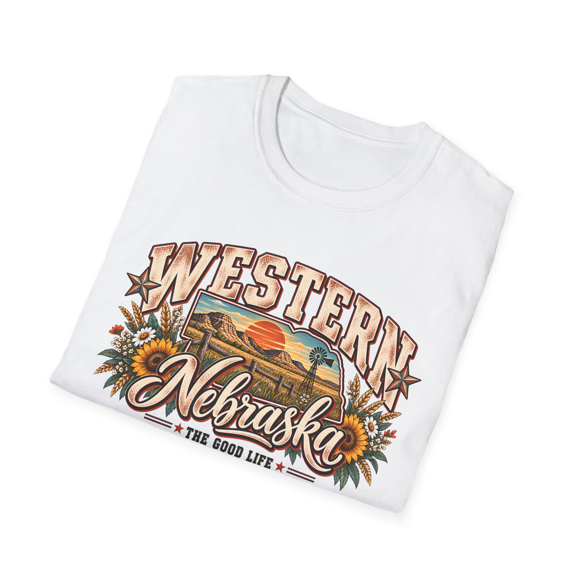 White T-shirt with large front “WESTERN Nebraska” vintage graphic artwork