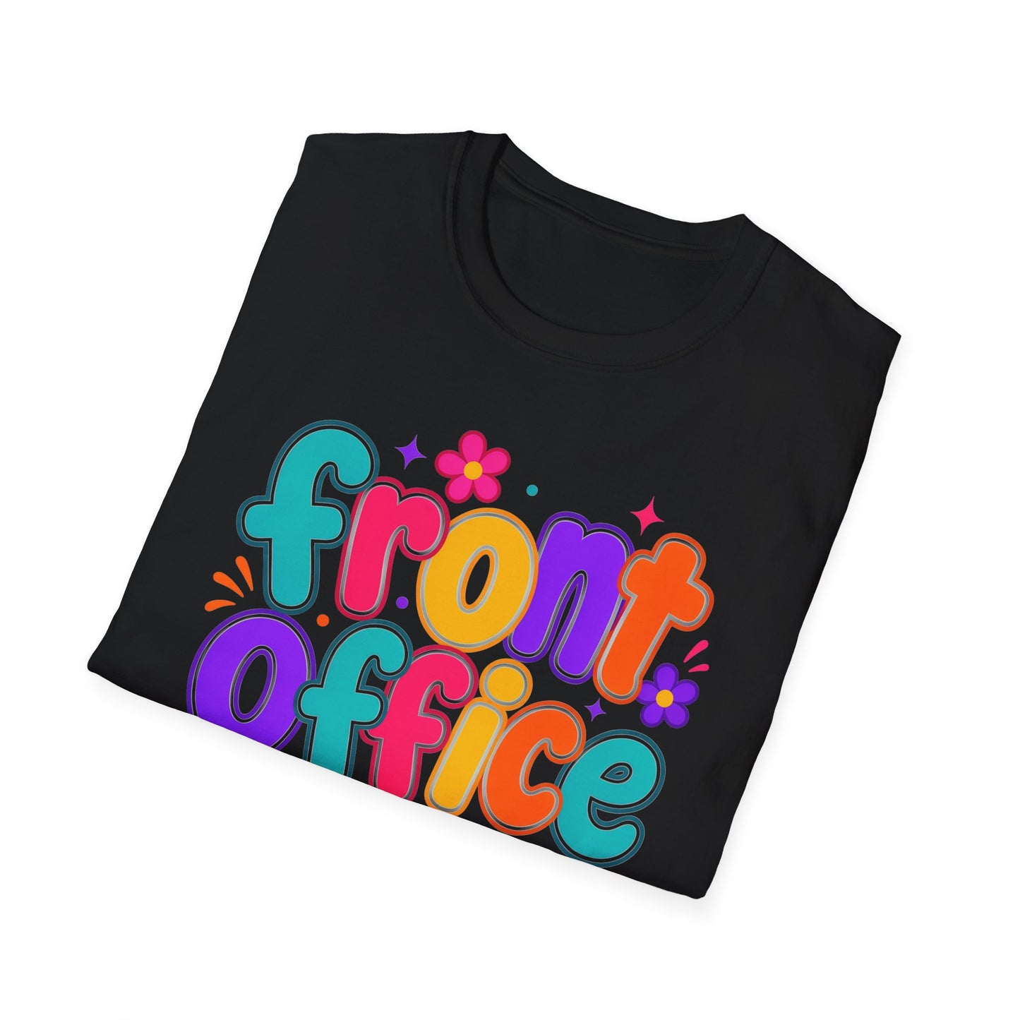 Black T-shirt with colorful retro floral “front office” graphic on the front