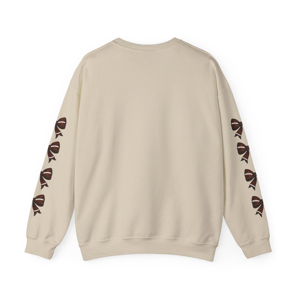 Sand crewneck sweatshirt, back view with football mask bow print on both sleeves