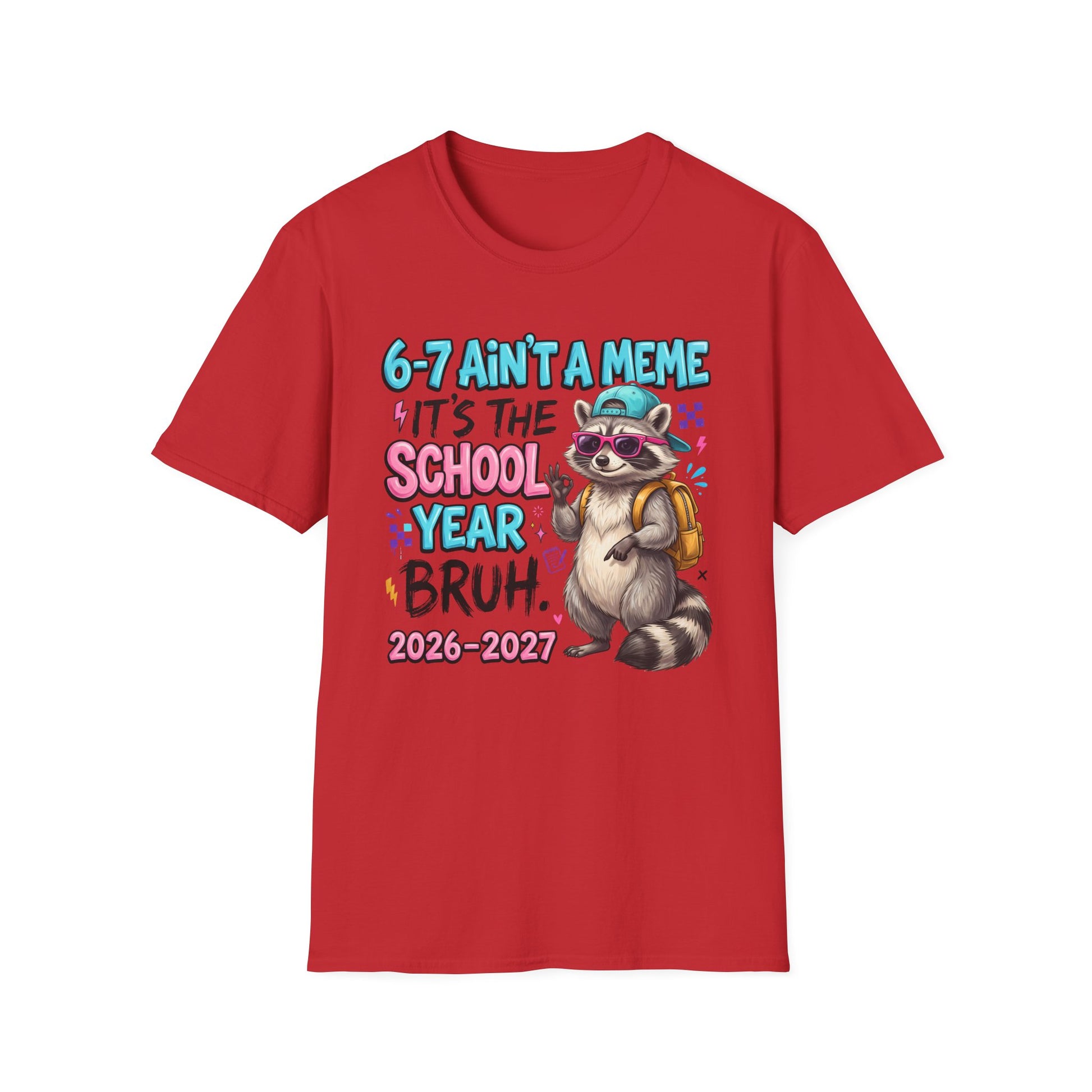 Red crew-neck T-shirt with colorful raccoon school slogan graphic.