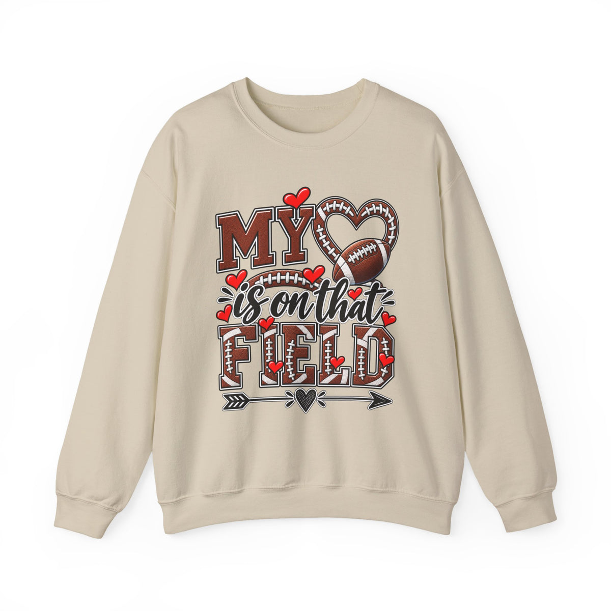 Sand crewneck sweatshirt with heart-and-football 'My' graphic