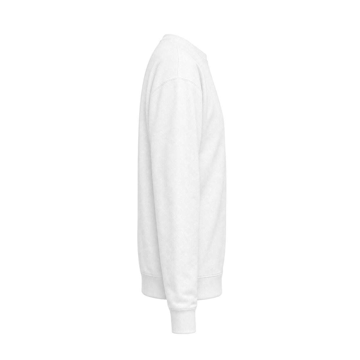 White crewneck sweatshirt angled side view, plain back