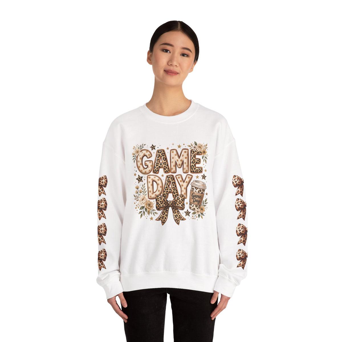 White crewneck sweatshirt with “GAME DAY” front graphic and leopard bow sleeve print