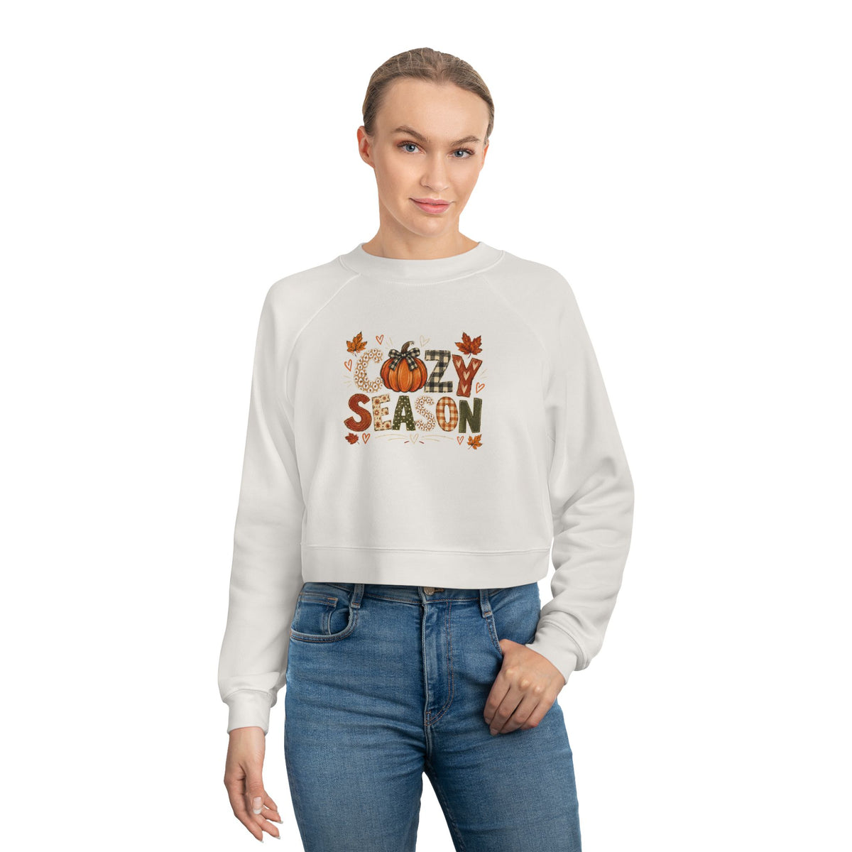 Women's cropped white sweatshirt with 'Season' pumpkin and leaf graphic