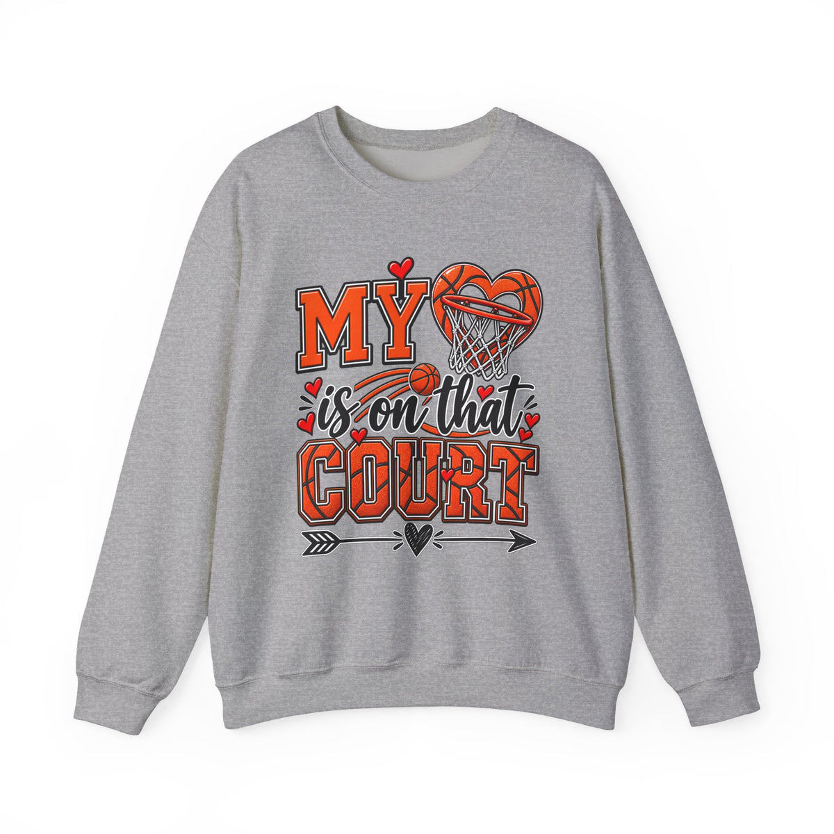 Sport grey crewneck sweatshirt with basketball heart graphic and “Court” text on front
